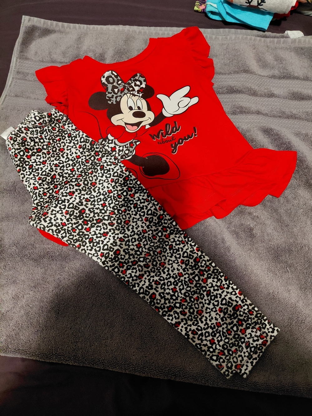 Disney Red Minnie Mouse Pajama Set with Black & White Leopard Print Leggings
